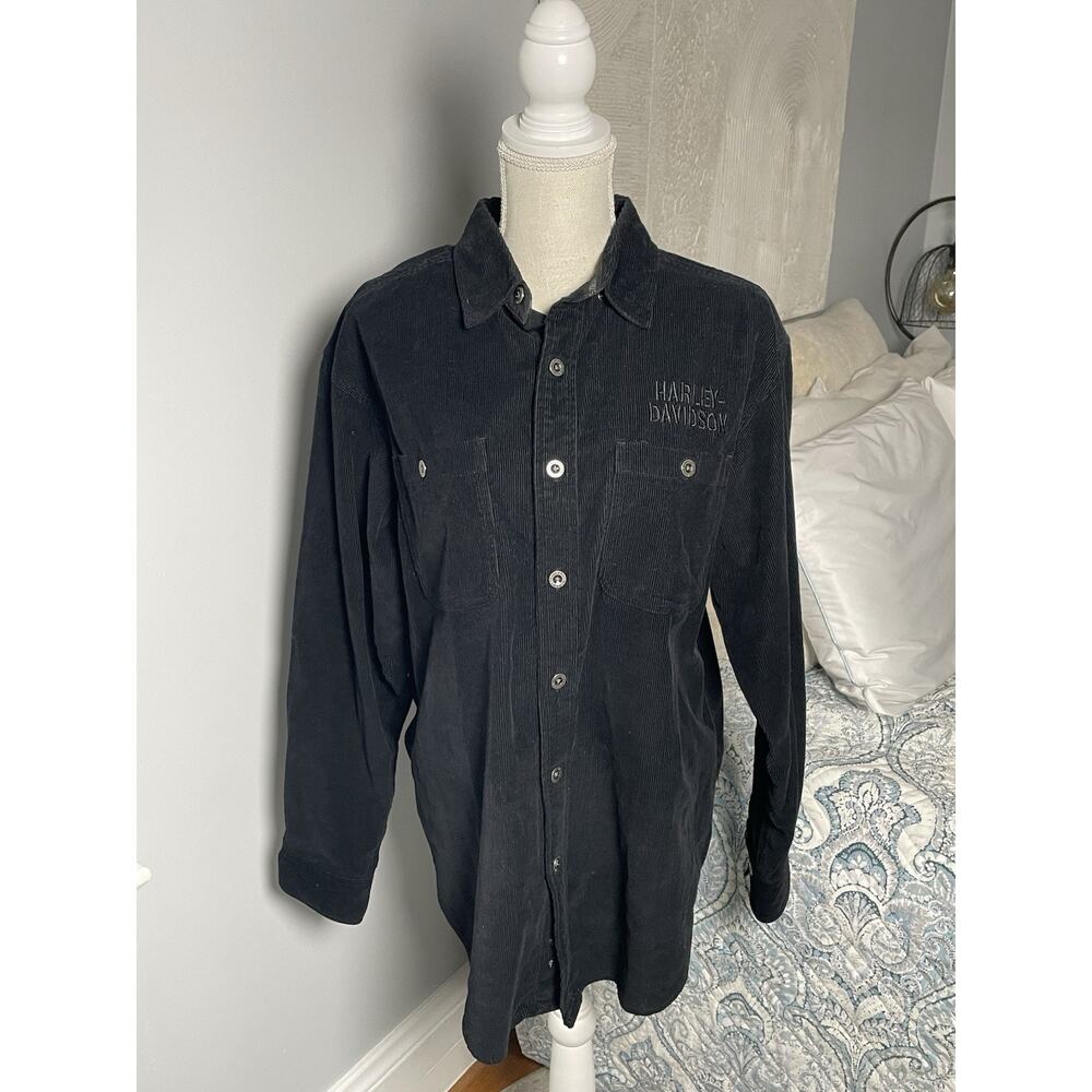 Harley Davidson Black Corduroy Button Up Shirt Mens M Biker Grunge Motorcycle